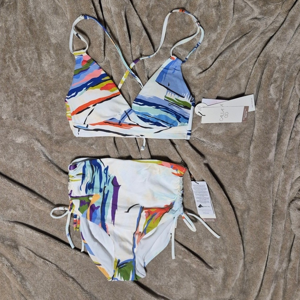 Calia Tahitian Print Bikini Set XS High Rise Bottoms Triangle Top NWT